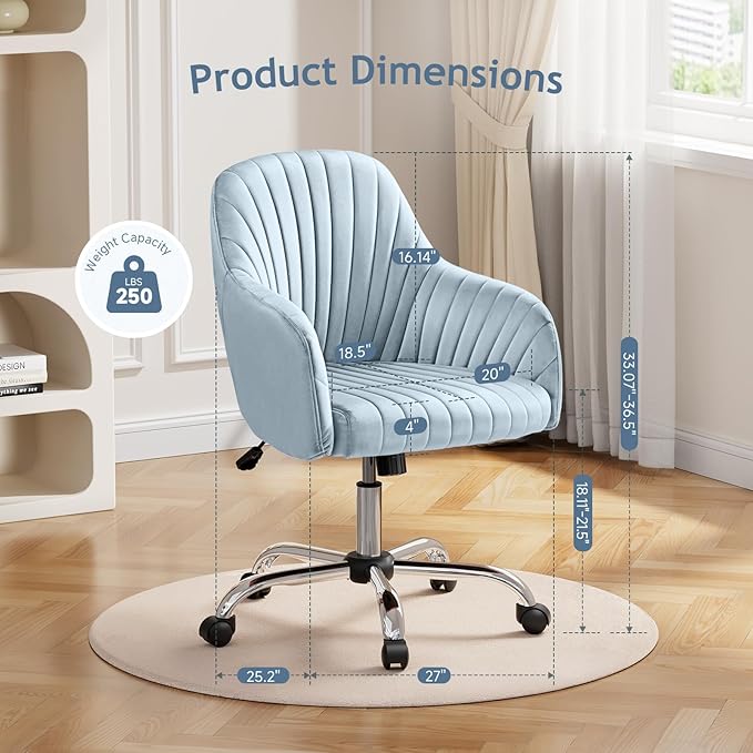 Warmiehomy Velvet Desk Chair for Home Office, Modern Adjustable Swivel Task Chair, Women Vanity Chairs with Arm Rest for Bedroom Dressing Room, Light Blue