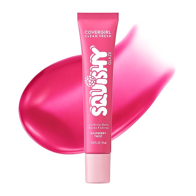 COVERGIRL Clean Fresh Squishy Glaze™ Lip Butter Balm, Flavored, Non-Sticky, with Vitamin E & Shea Butter – 100 Raspberry Twist (Sheer Fuchsia)