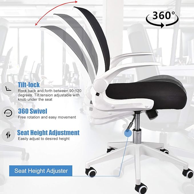 IPKIG Foldable Office Chair - Home Office Desk Chairs with Wheels and Flip-Up Arms - Ergonomic Backrest Mesh Computer Chair Adjustable Swivel Rolling Home Executive (White)