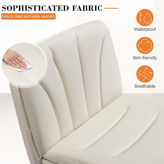 FelixKing Criss Cross Chair with Wheels, Cross Legged Office Chair, Armless Wide Vanity Desk Chair with Comfty PU Leather & Back - Swivel Height Ajustable for Home Office Bedroom, Pearl White