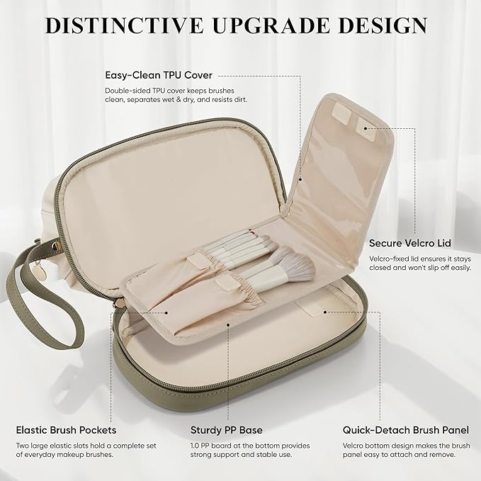 Travel Makeup Bag, Large Capacity Double Layer Cosmetic Bags for Women, Waterproof Portable Make Up Skincare Pouch with Makeup Brush Organizer, Toiletry Bag for Essentials, Beige & Olive Green