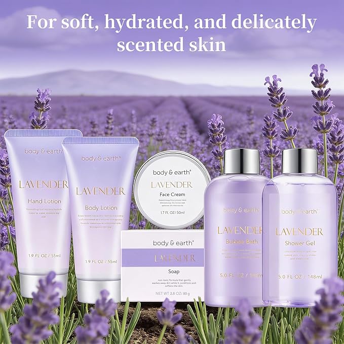 BODY & EARTH Bath and Body Gift Set - 6 Pcs Lavender Bath Kit for Women Spa Set, Perfect Birthday, Mother's Day Gift Set for Women Includes Bubble Bath, Shower Gel, Body Lotion