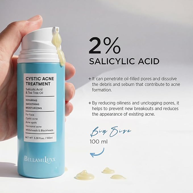 Cystic Acne Treatment for Face: Hormonal Acne Treatment Cream for Teens & Adults - Salicylic Acid & Tea Tree Oil Pimple Spot Remover - Anti-Acne Moisturizer Reduces Redness, Blemishes