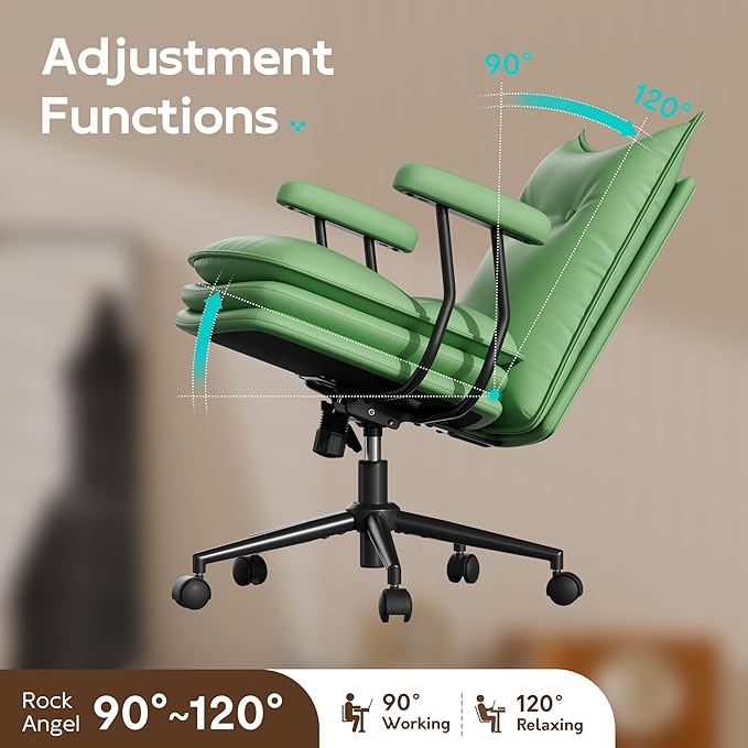 Sage Green Office Chair with Triple-Layers Thicken Wide Seat, Mid Back Leather Desk Chair with Wheels and Arms, Mid-Century Modern Computer Chair for Home Office