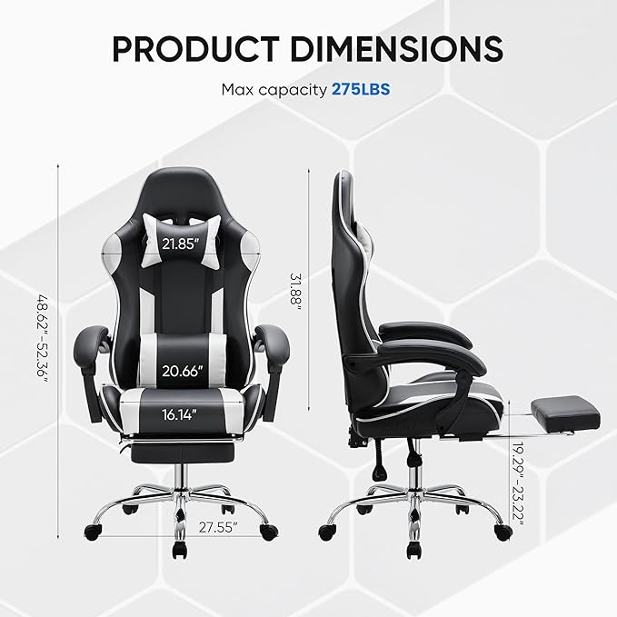 NEWBULIG Computer Gaming Desk Chair - High Back Ergonomic Lumbar Support with Footrest and Headrest, Comfy PU Leather Recliner with Linkage Armrest, Height Adjustable and 360° Swivel, White