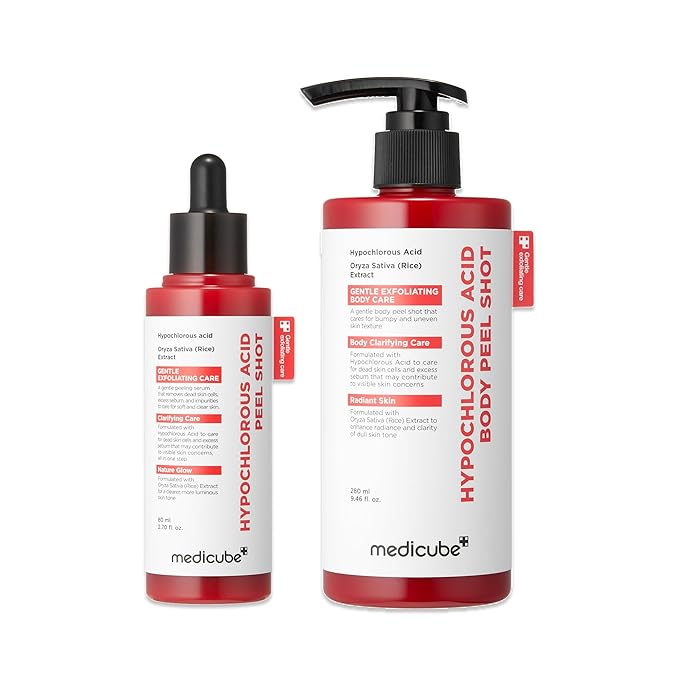 medicube Hypochlorous Acid Peel Shot Duo for Face & Body: Hypochlorous Acid Facial & Body Peel Shot | Exfoliating Serum Set with Rice Extract, Panthenol | Hydrating, Calming & Texture Refining Care