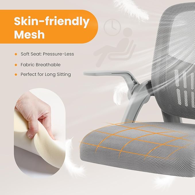 NEWBULIG Office Chair - Ergonomic Desk Chair with Lumbar Support, Mesh Computer Executive Rolling Chairs, Swivel Task Chairs with Wheels, Comfy Flip-up Arms for Bedroom, Study, Student Gray