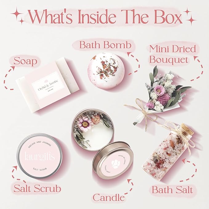 Birthday Gifts for Women – Luxury Candle Set & Bath Sets Spa Basket, Small Orchid & Jasmine Self Care Box, Gift Basket for Mom, Wife or Friend