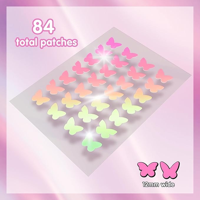 Heal & Conceal Pimple Patch - Cute Holographic Butterfly Shaped Acne Patches, Fun Hydrocolloid Zit Stickers for Face (Iridescent Pink Butterflies, 84 Count)