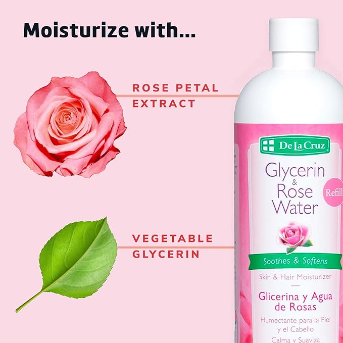 De La Cruz Rose Water and Glycerin for Face, Rosewater Facial Toner & Moisturizer for Skin & Hair, Rose Water for Hair, 2-Bottle Bundle - 16oz & 8oz, Made in USA.