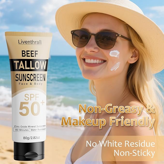 Mineral Sunscreen with Non-Toxic Zinc Oxide SPF 50, Organic Natural Beef Tallow Sunblock with Honey Beeswax, Non Greasy Formula for Face, Body and Skin - Women and Men, 2.82 oz (80g)