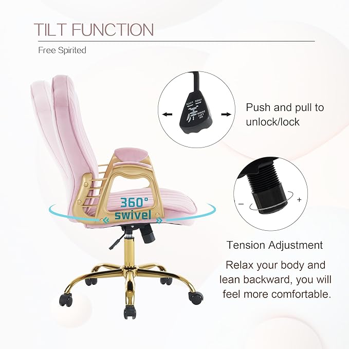 Velvet Home Office Chair with Gold Arms and Legs, Comfortable Upholstered Tufted Swivel Desk Chair Comfy with Wheels for Girls Women Study Bedroom Living Room, Pink