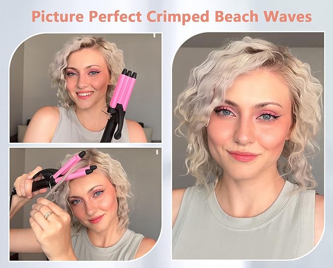 Mini Crimper for Short Hair 1/2 Inch, Small Crimper Hair Tool for Tight Beach Waves, 3 Barrel Waver with Argan Oil Infused, Easy to Use