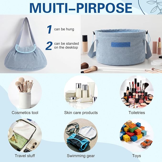 makeup bag lay flat Lay Flat Barrel Drawstring Corduroy Makeup Bag for Women Portable Open-flat Large Capacity Travel Cosmetic Organizer, Skincare & Brush Storage(Blue)