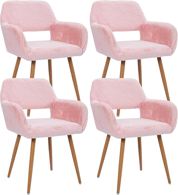 Furry Desk Chair Set of 4, Modern Home Office Chair Without Wheels, Faux Fur Vanity Chair with Hollow Backrest, Comfy Armchair Wood Frame with Strudy Metal Legs, Pink