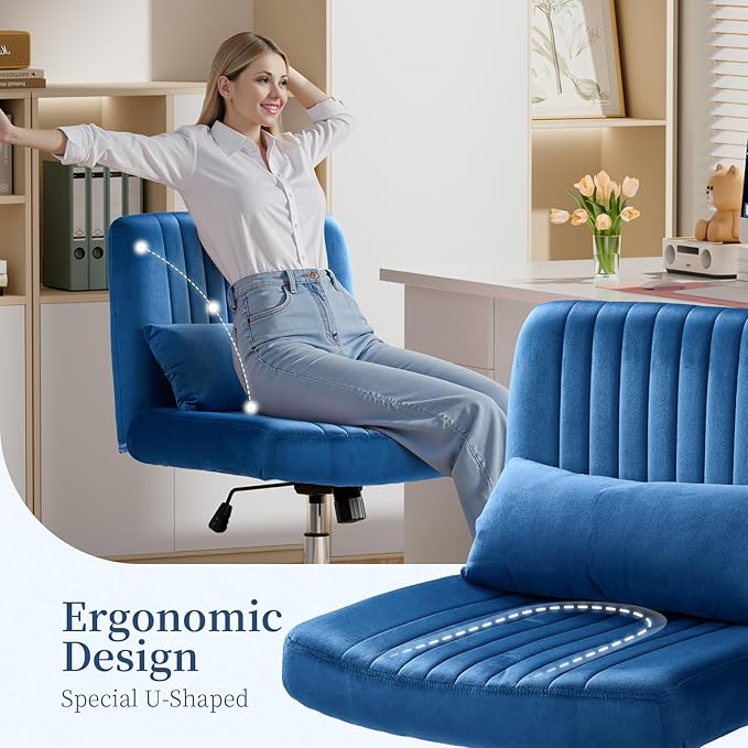Warmiehomy Velvet Criss Cross Chair with Wheels, Cross Legged Office Chair, Comfy Desk Chair for Home Office, Ergonomic Computer Chair, Wide Seat Vanity Chair, for Adults, Dark Blue