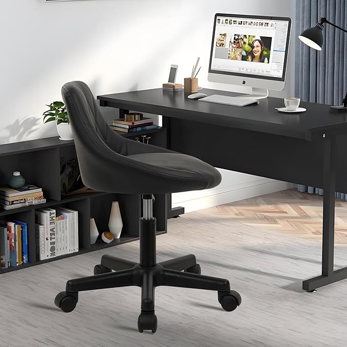 Low Back Rolling Stool PU Leather Vanity Stools, Adjustable Height Ergonomic Swivel Rolling Desk Stool Work Office Swivel Chair, Makeup Salon Spa Stools, Black, 1 Pack