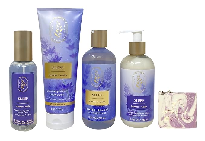 Bath & Body Works Aromatherapy Sleep Lavender + Vanilla Essential Oil Pillow + Perfume Mist, Ultimate Hydration Body Cream, Body Wash & Foam Bath and Body Lotion with a Lavender Dream Bar Soap