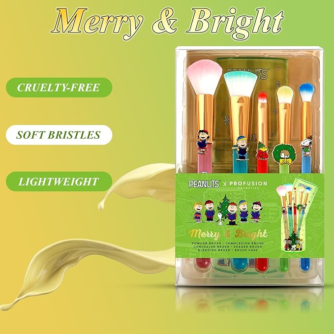 Profusion Cosmetics Peanuts Merry And Bright Brush Set with Case, Fluffy Makeup Brushes for Blending, Shading, and Blush, Achieve Holiday Beauty
