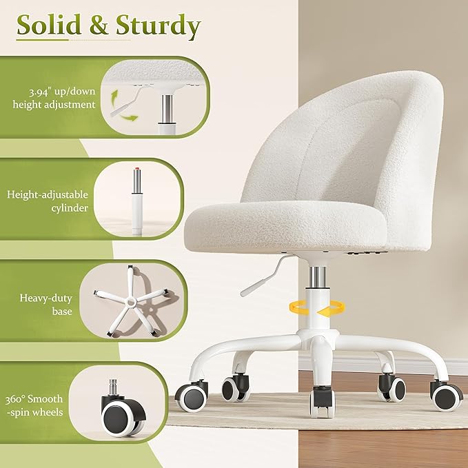 White Vanity Chair with Wheels, Cute Desk Chair with Back, Armless Office Chair Height Adjustable, Soft Lumbar Support for Small Space, Bedroom