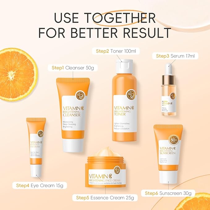 6Pcs Vitamin C Skincare Gift Set for Teenage Girls - Travel Skin Care Kit with Cleanser, Toner, Serum, Eye Cream, Face Cream, Sunscreen, Hydrating Facial Kit for Women Teen Girls Mom Daughter Birthday