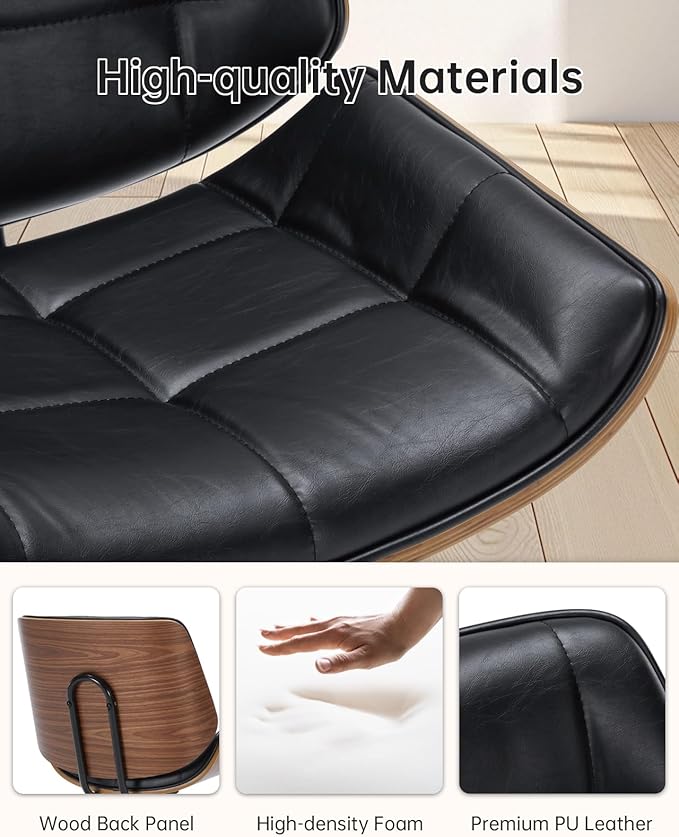 Leather Home Office Chair No Arms,Armless Adjustable Height Small Desk Chair,Swivel Computer Chair with Wheels,Mid-Century Modern Walnut Mid Back Chair for Office, Reading Room,Bedroom(Black)
