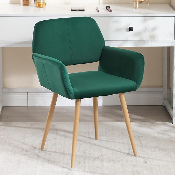 Home Office Velvet Desk Chair, Makeup Vanity Chair, Comfy Accent Armchair with Wood Grain Metal Legs, Cute Dining Chair with Hollowed Back, Dark Green