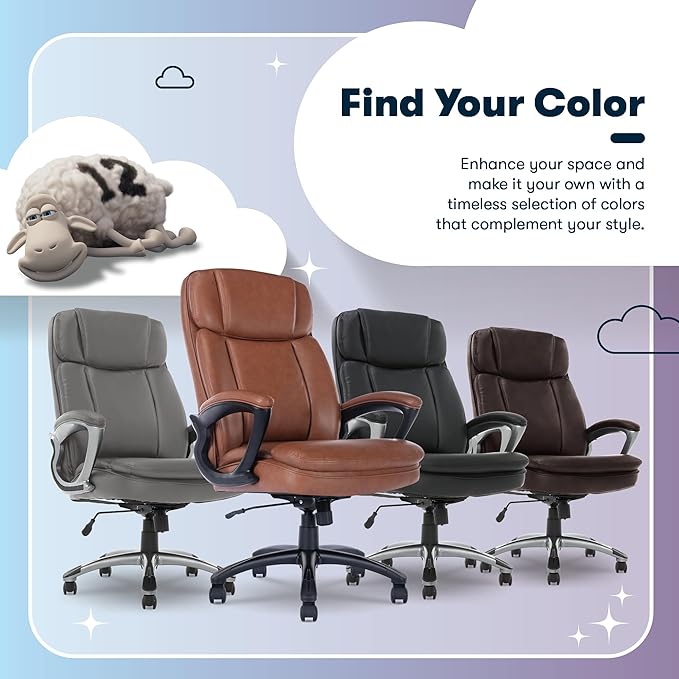 Serta Fairbanks Big & Tall Executive Office Chair, Ergonomic High-Back with Lumbar Support, Semi-Plush Seat Cushion and Body Pillows, Padded Armrests, Nylon Swivel Base, Bonded Leather, Cognac Brown