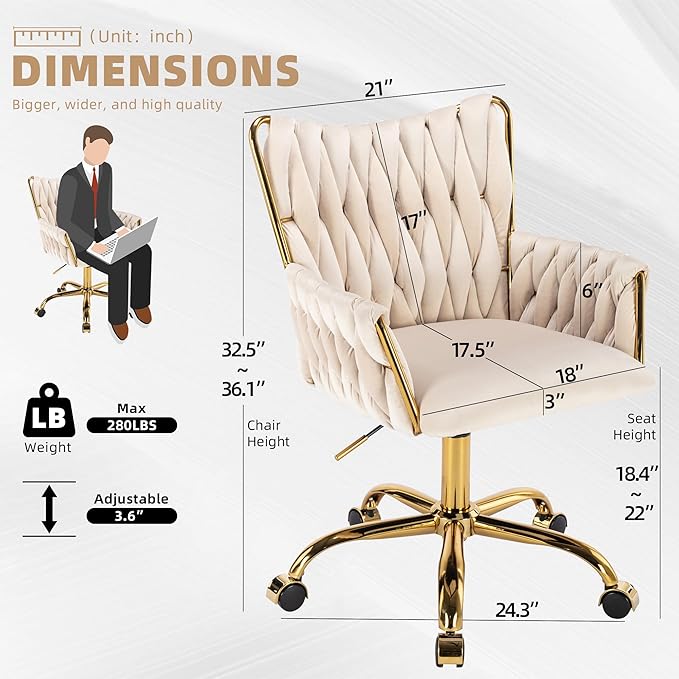 Westice Velvet Desk Chair, Home Office Gold Comfy Chair with Hand Woven Back, Height Adjustable Swivel Chair with Comfy Upholster for Makeup Vanity Living Room Bedroom, Beige