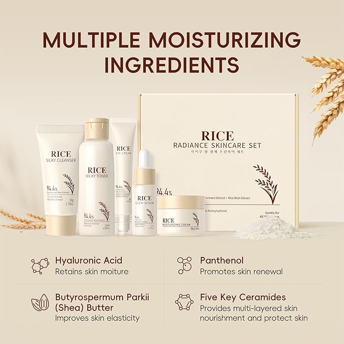 5PCS Rice Skin Care Set for Women & Teen Girls – Facial Kit for Women with Cleanser, Toner, Serum, Eye Cream & Face Cream – Travel Size Skincare Set Soothing & Moisture-Locking Daily Skincare Gift Set