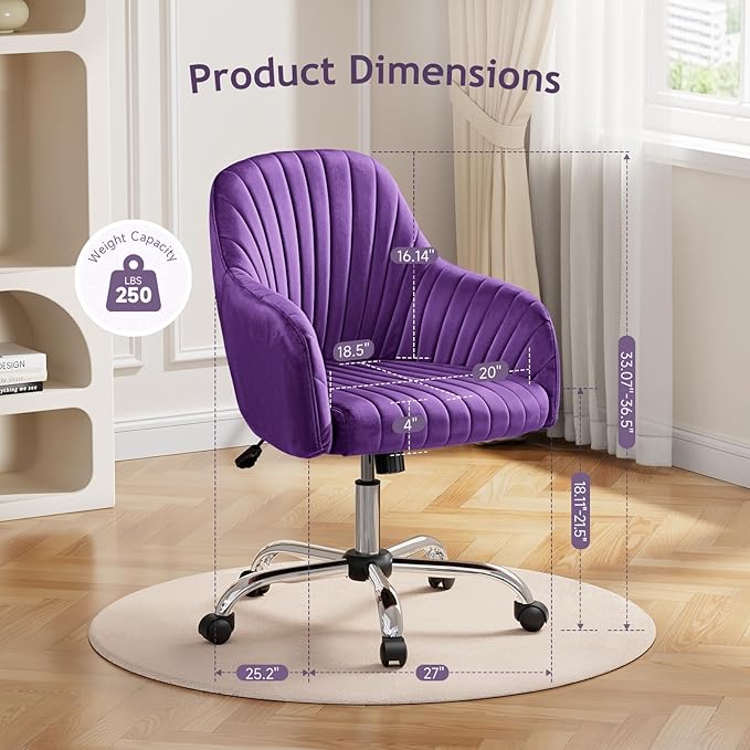 Warmiehomy Desk Chair, Velvet Office Chair for Home Office, Comfy Vanity Chair, Girl Cute Makeup Chair with Arm Rest for Bedroom Dressing Room, Purple