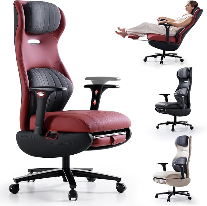EMIAH Ergonomic Office Chair with Foot Rest Reclining Office Chair with Adjustable Arms and Headrest High Back Gaming Chair with Lumbar Support, PU Leather(Red)