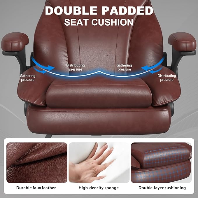 Hovos Office Chair, Ergonomic Big and Tall Desk Leather Chair with Padded Flip-up Arms, Adjustable Tilt Lock, Heavy Duty Swivel Rolling Computer Chair for Home Office, Brown