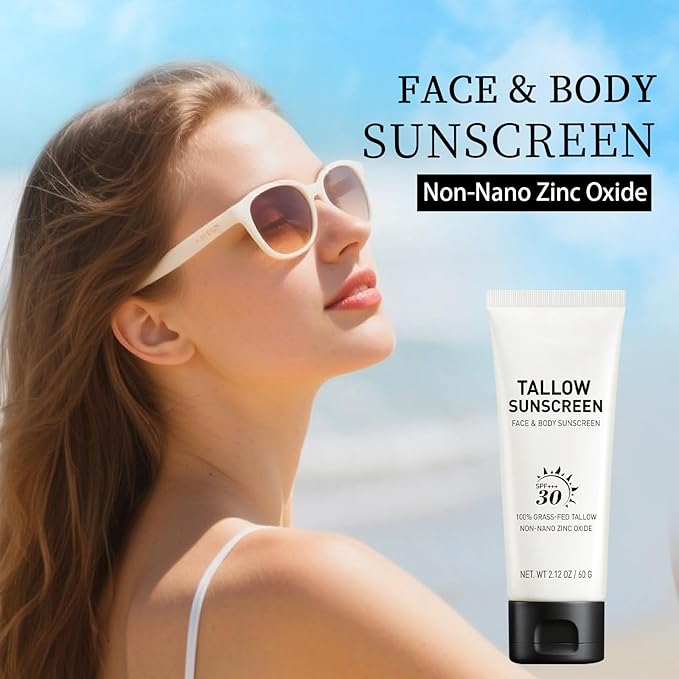 Beef Tallow Mineral Sunscreen SPF with Zinc Oxide – Natural Face & Body Sunblock, Non-Greasy Daily Sun Protection, Travel Size 2 oz