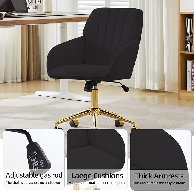 Velvet Home Office Desk Chair, Modern Cute Computer Task Chair with Back, Height Adjustable Upholstered Vanity Chair with Swivel Wheels for Women, Girls (Gold Base, Black