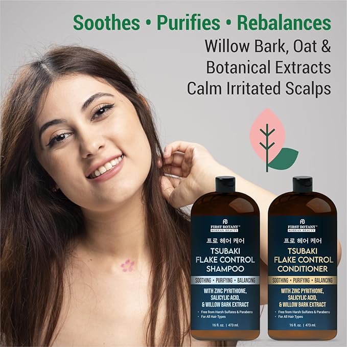 Korean Flake Control Shampoo & Conditioner Set – Fights Hair Loss, Dandruff, Lice & Itchy Scalp, Promotes Hair Growth With Zinc Pyrithione, Salicylic Acid - Free from Harsh Sulfates & Parabens –16 oz