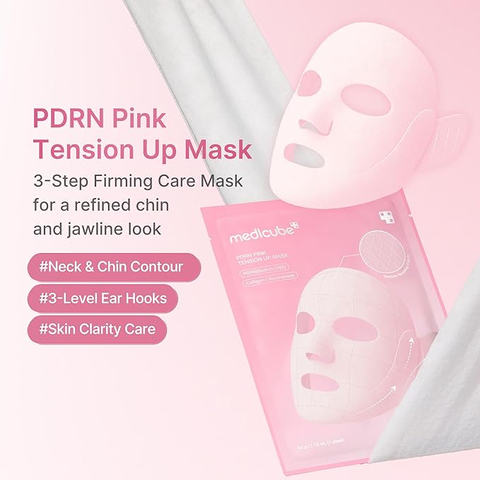 medicube PDRN Pink Tension Up Mask | 3-Step V-line Mask for Contoured-Looking Chin & Jawline | Full-Face Firming Care with Salmon PDRN, NAD & Caffeine | Korean Skincare, 34g x 4ea + Tightening Band