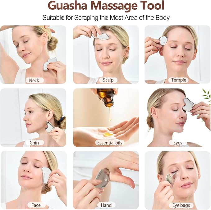 2 Pcs Stainless Steel Gua Sha Facial Tools Set, Face and Body Skin Massage, Scraping Tools for Jaw Lift Massager, Puffiness Reduction, Lymphatic Drainage & Skin Tightening, Great Gift-for Women
