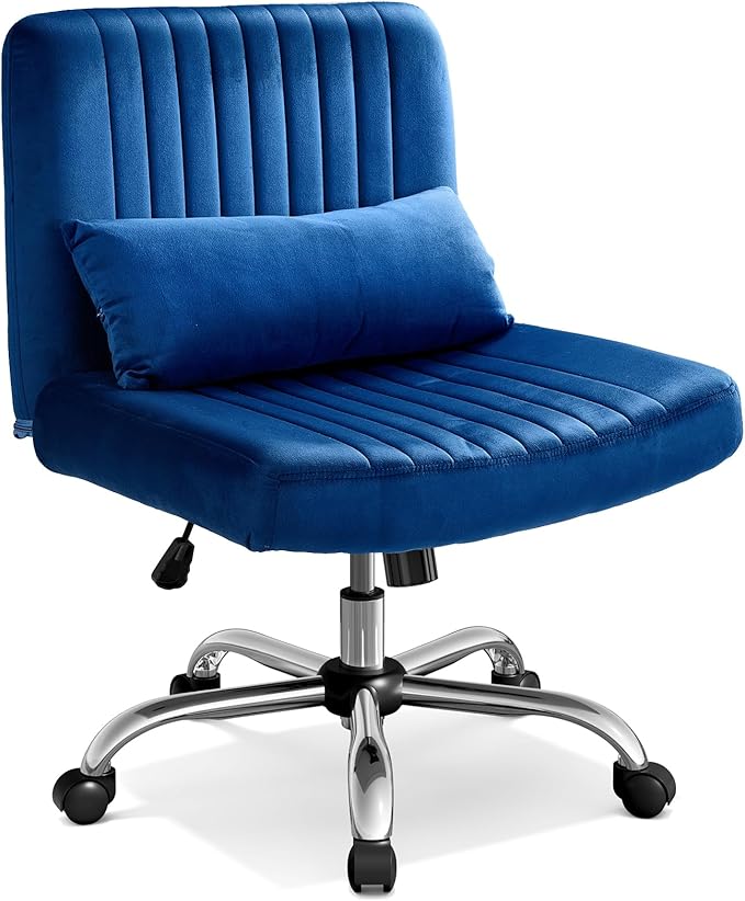 Warmiehomy Velvet Criss Cross Chair with Wheels, Cross Legged Office Chair, Comfy Desk Chair for Home Office, Ergonomic Computer Chair, Wide Seat Vanity Chair, for Adults, Dark Blue