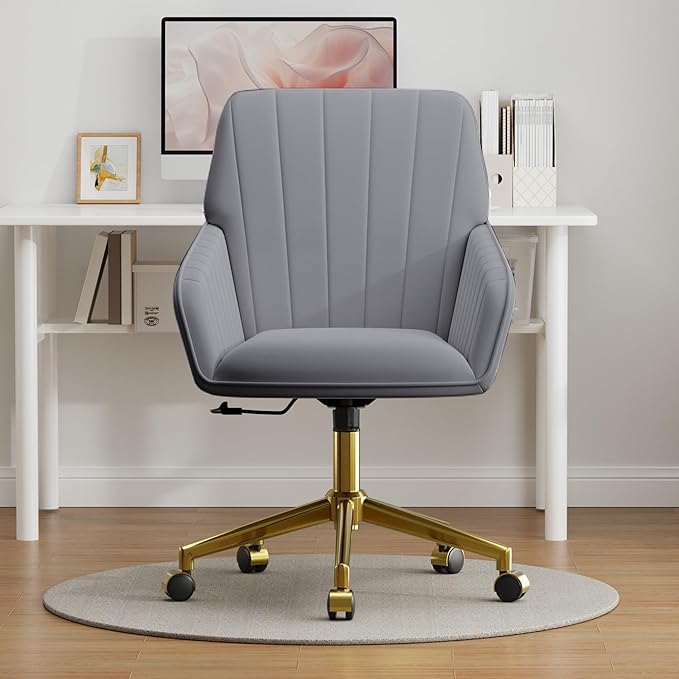 YISHENG Velvet Office Desk Chair with Gold Base, with Wheels,Modern Height Adjustable 360 Degree Swivel Upholstered Vanity Chairs with Arms for Living Room Bedroom，Gray
