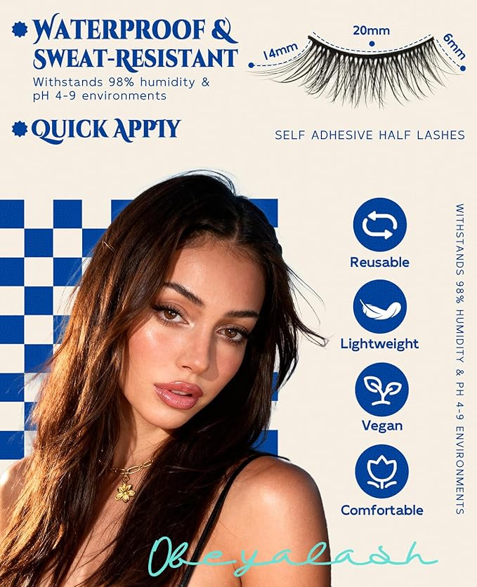 Obeyalash Waterproof Self Adhesive Eyelashes,Half Eyelashes 6-14mm, 5 Pairs Natural Look Stick on False Eyelashes, No Glue Needed, Wispy Glueless Lashes Reusable and Comfortable (M874)