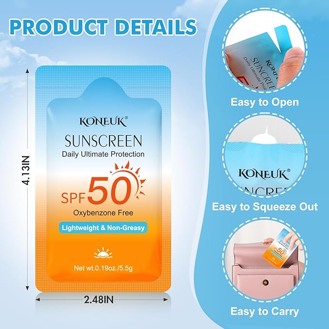 100 Pack Mini Sunscreen for Face and Body, SPF 50 Travel Size Sunscreen, Lightweight and Non-Greasy, Bulk Sunscreen for Summer Travel, Outdoor Sports and Activities, 0.19 OZ/Pack
