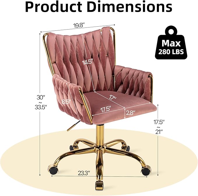ABET Velvet Desk Chair with Wheels, Cute Upholstered Swivel Office Chair, Modern Gold Rolling Hand Woven Height Adjustable Armchair for Women Girls Home Makeup, Vanity, Nail Salon, Rose Red