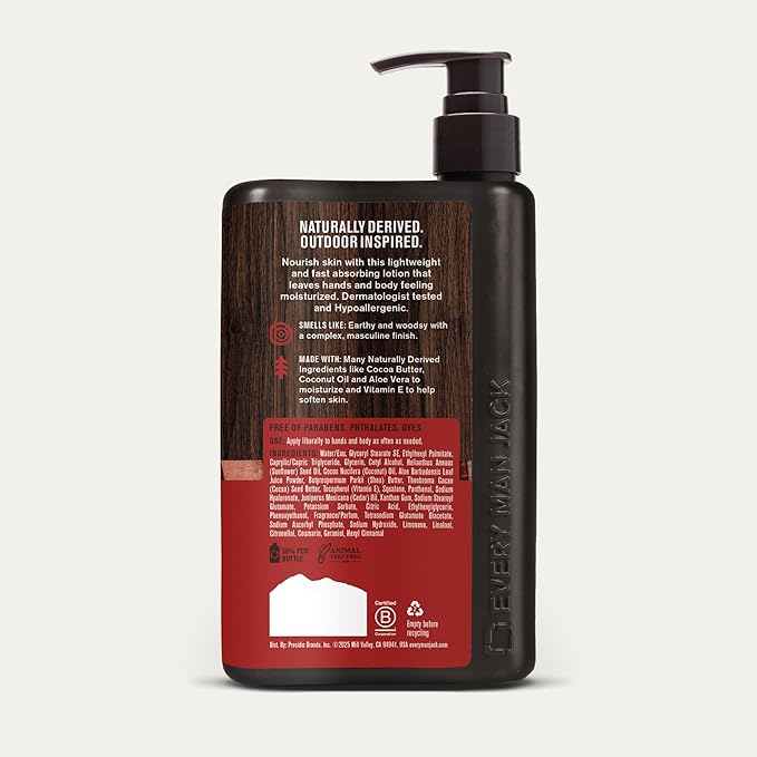 Every Man Jack Mens Cedar + Red Sage Hand & Body Lotion for All Skin Types - Dermatologist Tested & Hypoallergenic - Nourish Skin with Lightweight Fast Absorbing Lotion - 13.5oz (2 Pack)