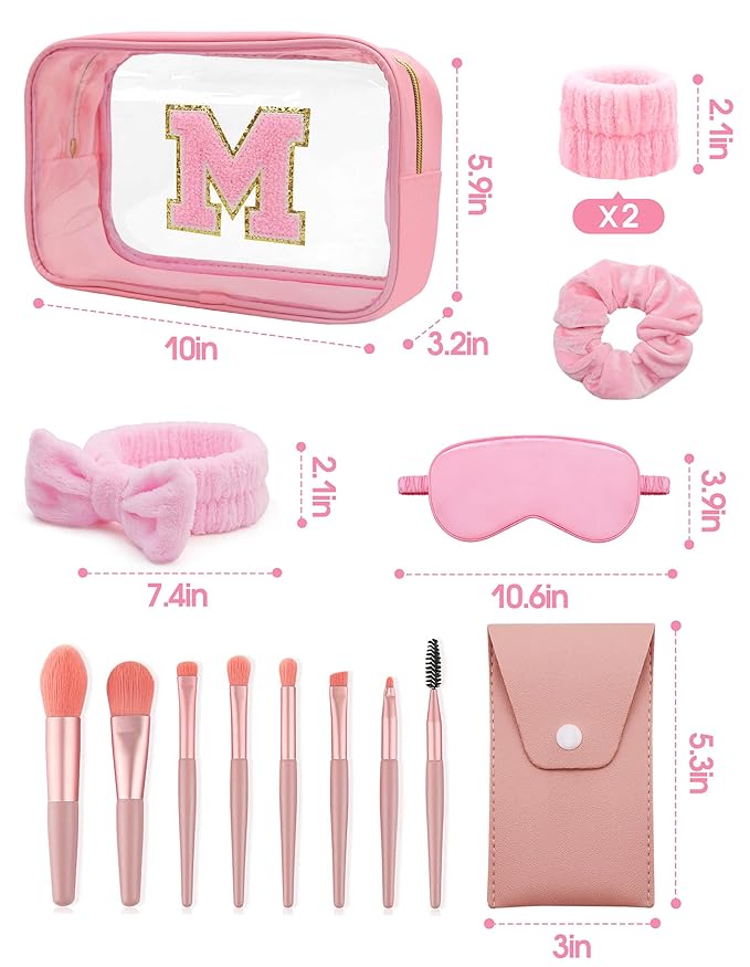 Gift Sets for Women, Initial Makeup Bag with Makeup Brush Set Bachelorette Party Favors, Pink Spa Kit with Skincare Headbands Wrist Bands Sleepover Party Supplies Gifts for Teen Girls Bridesmaid M