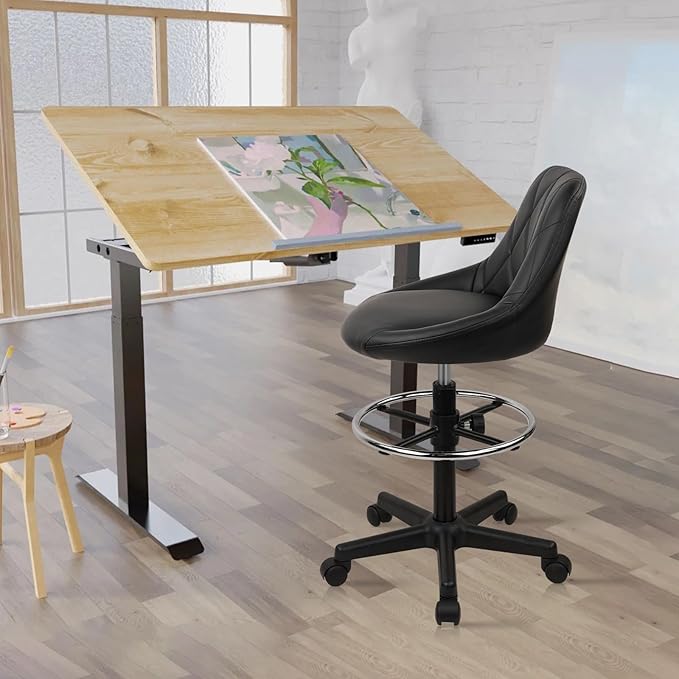 Drafting Chair with Backrest and Wheels, Adjustable Footrest Height Rolling Stool, PU Leather Tall Swivel Chairs Work Shop Office Desk Stools for Kitchen Home Bar, Black, 1 Pack