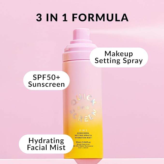 QUICK FLICK 3-in-1 SPF 50+ Sunscreen, Setting Spray & Hydration Mist | Ultra-Lightweight, Fast Absorbing & Non-Greasy | Invisible Makeup Setting Spray | No White Cast | 90 ml