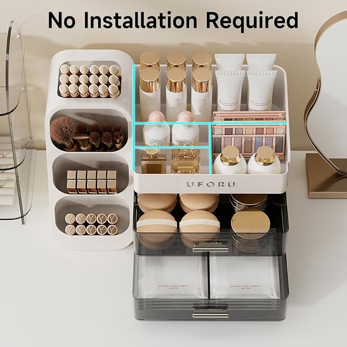 Makeup Organizer for Vanity with Brush Holder, Countertop Skincare Organizer with 2 Drawers, Spacious Cosmetic Display Case for Perfumes, Eyeshadow Palettes, Nail Polishes
