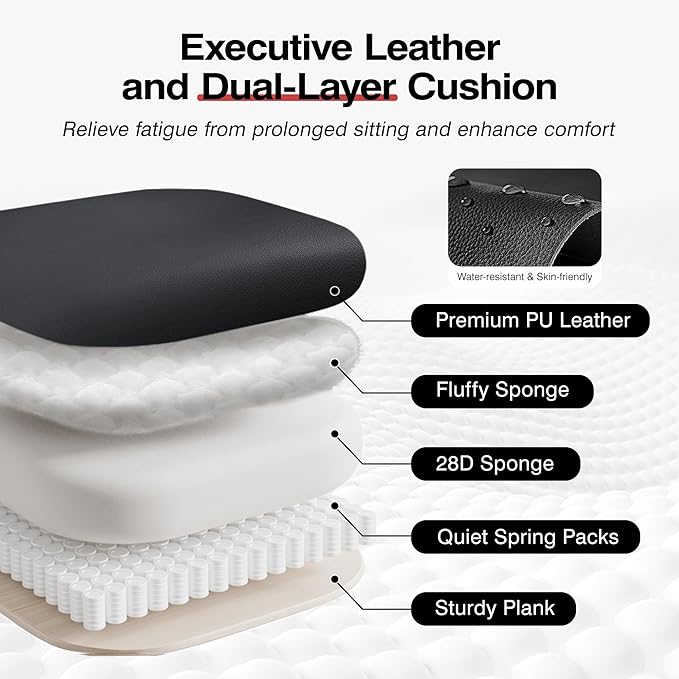 Office Chair Comfy, Big and Tall Executive Leather Chair, High Back Ergonomic Wide Chair with Footrest, Reclining Computer Desk Chair, Heavy Duty Gaming Chair with Padded Arm and Pillow, Black