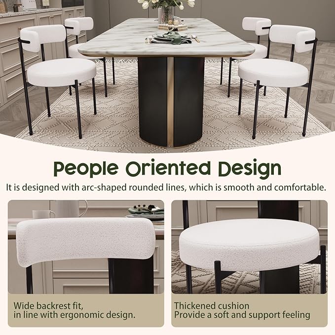 Boucle Dining Chairs Set of 6 Teddy Upholstered Dining Room Chairs Kitchen Chair with Metal Legs Mid Century Modern Chair for Dining Room, Kitchen (Black Frame+White, 6)